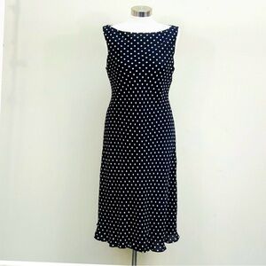 JONES NEW YORK COUNTRY Navy Blue & White Bias Cut Silk Polka Dot Dress 14